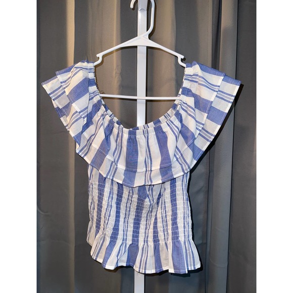 nwt Whisper brand denim blue white stripes off shoulder top sz m - Picture 1 of 2